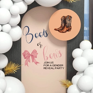 Boots or Bows gender reveal arch backdrop sticker with white balloons and golden leaves