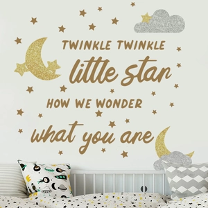 Twinkle Twinkle Little Star wall decals with gold moon and glitter stars for nursery decor