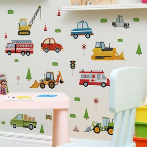 Stickers muraux véhicules de chantier avec excavatrices et camions pour chambre d'enfant