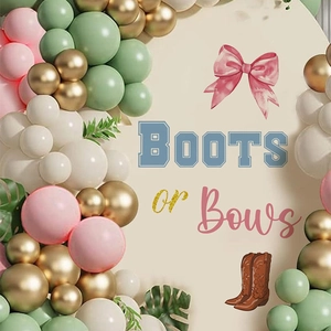 Gender reveal backdrop with boots or bows design and balloon arch kit for baby shower