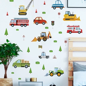Stickers muraux enfants motif véhicules de chantier camions et pelleteuses décoratifs