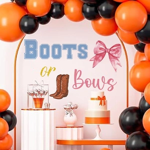 Boots or Bows gender reveal backdrop for party arch with pink bow and boots motifs