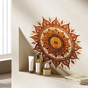 Bohemian mandala sun wall sticker in warm orange and gold tones for home decoration