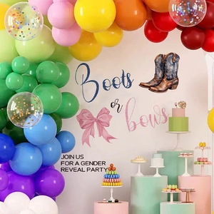 Boots or Bows gender reveal party backdrop with colorful balloon arch and dessert tables