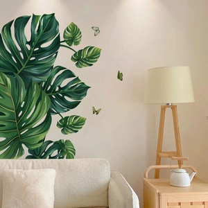 Adesivi murali con foglie di monstera tropicale e farfalle per decorazioni da salotto