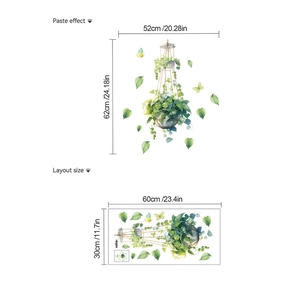 Detail showing paste effect and layout size of green hanging plant wall stickers