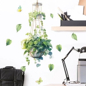 Hanging Basket Green Plants Wall Sticker Removable Self-adhesive PVC Watercolor Potted Decal For Living Room Bedroom Kitchen Home Decor