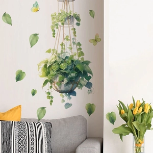 Self-adhesive hanging basket plant wall decals for cozy living room and bedroom home decor