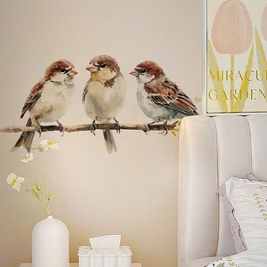 Three birds on a branch wall decal for a cozy bedroom with minimalist natural bird stickers