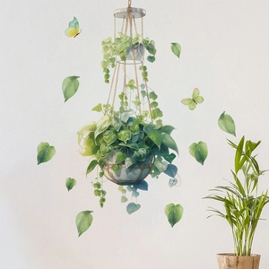 Watercolor hanging green plant wall stickers with fresh butterflies for home decoration
