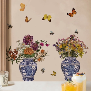 Blue and white porcelain vase wall decals with flowers and butterflies for home decor