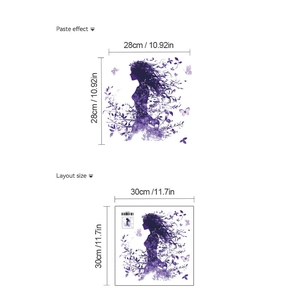 Guide des tailles du sticker mural elfe violet montrant le format 30x30cm et l'effet final