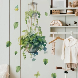 Watercolor hanging green plants and butterfly wall stickers for living room decor