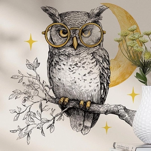 Moonlight owl wall sticker with glasses sitting on a branch for home decor