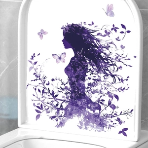 Sticker Mural Silhouette de Femme Violet PVC Imperméable Décalcomanie Fleur Papillon pour Salle de Bain Toilette Décor