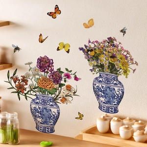 Blue and white porcelain vase wall stickers with flowers and butterflies for home decor