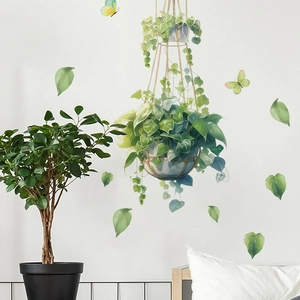 Self-adhesive hanging green plant wall stickers with yellow butterflies for home decor