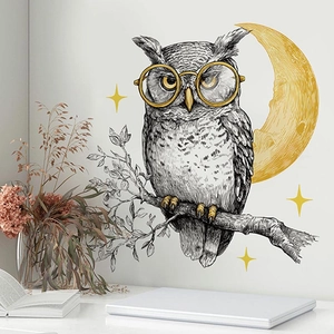 Creative owl wall sticker with yellow glasses and moon on a branch for home decor