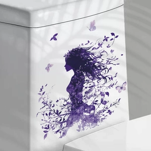 Sticker mural silhouette fée fleur violette pour décoration avec papillons et motifs floraux