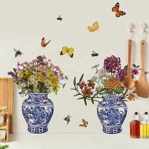 Blue and white porcelain vase wall stickers with flowers and butterflies for home decor