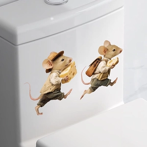 Cute mouse with cheese wall sticker for home decor on a white ceramic toilet surface