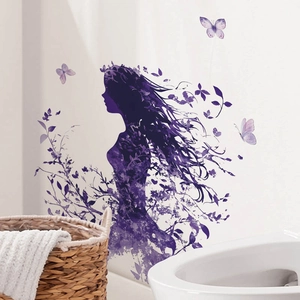 Sticker mural autocollant silhouette fée violette avec papillons pour décoration