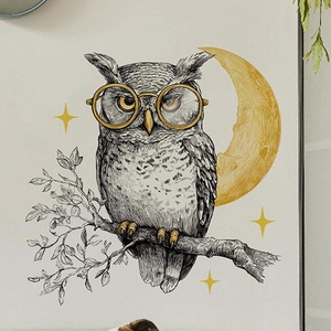 Adhesive wall sticker featuring an owl with golden glasses on a branch under a crescent moon