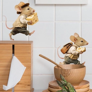 3D realistic mouse with cheese wall sticker for kitchen decor on white tile background