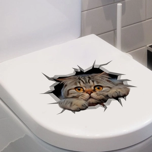 Funny 3D gray tabby cat wall sticker with orange eyes for bathroom toilet seat decoration