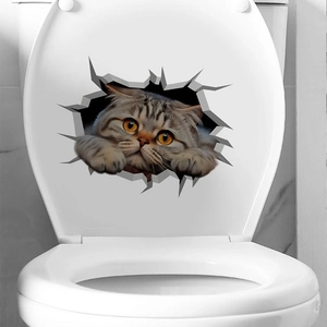 3D cat wall sticker with silver tabby design and yellow eyes for bathroom toilet decor