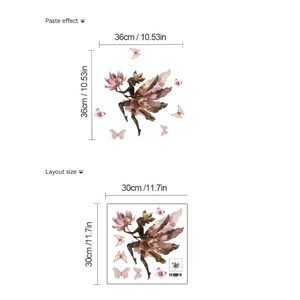 Watercolor pink fairy wall decal showing layout size 30x30cm and paste effect 36x36cm