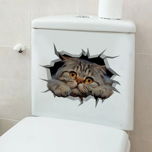 Creative 3D cat wall sticker showing a brown tabby cat peeking through a cracked wall hole