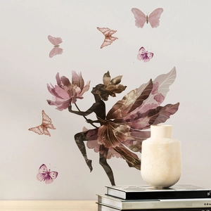 Floral fairy silhouette wall sticker with pink lotus and colorful butterflies decor