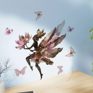 Pink fairy and butterfly wall sticker set for bedroom decoration in floral silhouette style