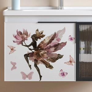 Pink flower fairy and butterflies silhouette wall decal for home decoration
