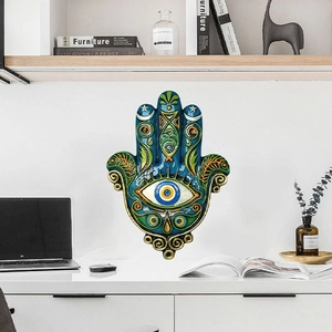 Sticker mural main de Hamsa bleu foncé avec motif œil pour décoration de salon