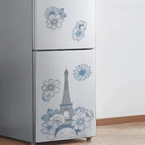 Blue Eiffel Tower and floral wall stickers for home decor and refrigerator decal