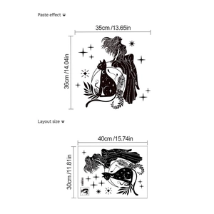 Detail view of cat and girl silhouette wall sticker with dimensions and layout sizes