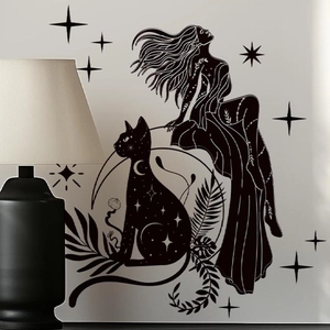Cat And Girl Silhouette Wall Sticker PVC Waterproof Art Decal For Living Room Bedroom Kitchen Home Decor Sticker
