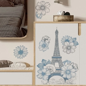 Blue Eiffel Tower and floral wall decals for modern living room bedroom home decor