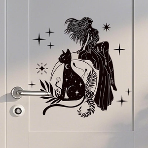 Artistic black cat and girl wall sticker with crescent moon for home door decoration