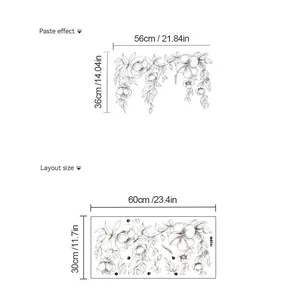 Size guide for floral PVC wall stickers showing dimensions of 56x36cm with layout details