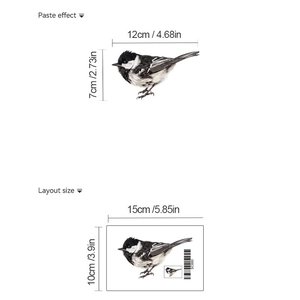 Detailed size chart for bird wall stickers showing 15x10cm layout and 12x7cm paste effect