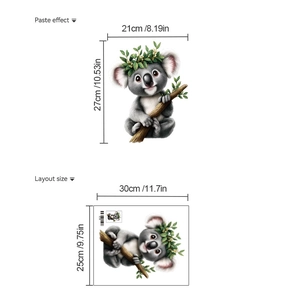 Detail showing cartoon koala with floral wreath wall sticker and product dimensions