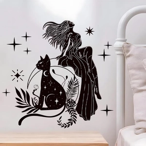 Cat and girl silhouette wall sticker with moon and stars for home bedroom decor