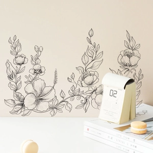 Minimalist black floral line art PVC wall stickers for kitchen or bedroom home decoration