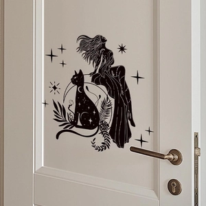 Black PVC cat and girl silhouette wall sticker with stars and moon on a white door
