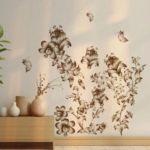 Self-adhesive sketch floral wall decals with butterflies for elegant home living room decor