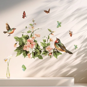 Stickers Muraux Naturels Fleurs Et Oiseaux Verts En PVC Auto-Adhésifs Imperméables Papillons Floraux Pour Salon Cuisine Décoration Maison