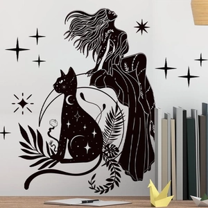 Artistic silhouette wall sticker featuring a girl, black cat, and crescent moon decor